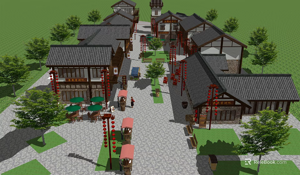 Traditional Commercial Street Featuring Classical Architecture Lanterns Shops And Green Plants 3d model 