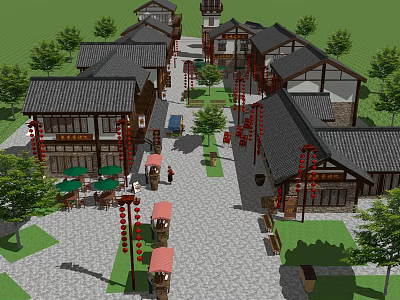 Traditional Commercial Street Featuring Classical Architecture Lanterns Shops And Green Plants 3d model
