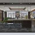 Elegant Sales Office Interior With Reception Counter Green Plants Hanging Lights And Marble Flooring