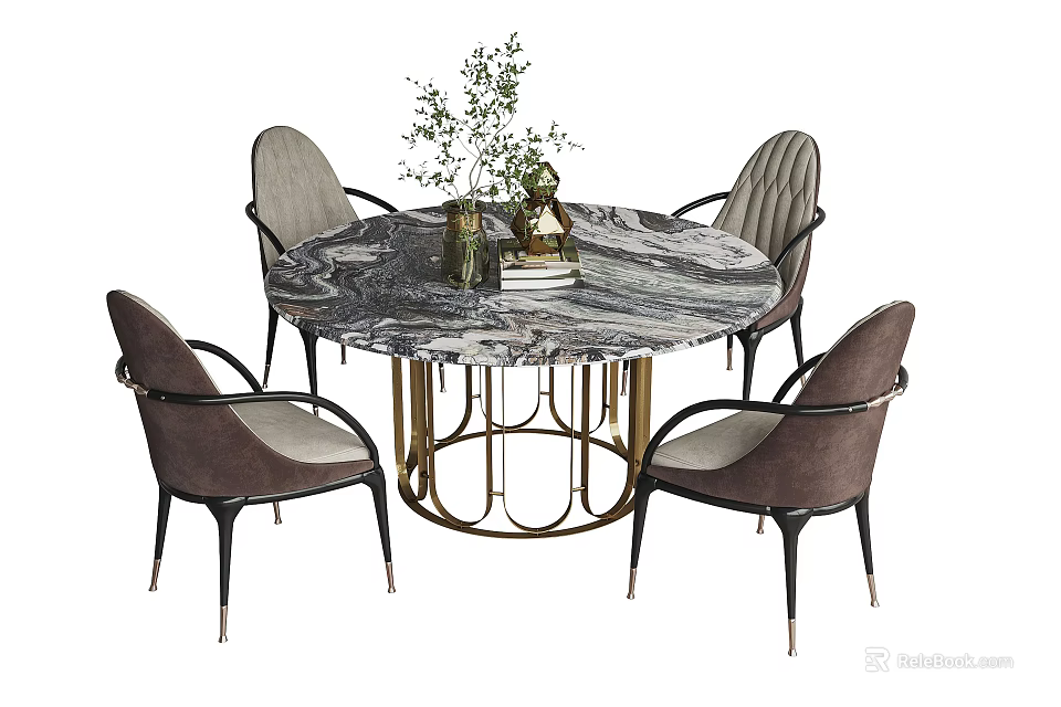 Elegant Round Marble Dining Table Set with Upholstered Chairs and Gold Metal Base 3d model