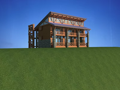 Detached Wooden Villa with Multiple Balconies on Green Lawn Under Blue Sky 3d model
