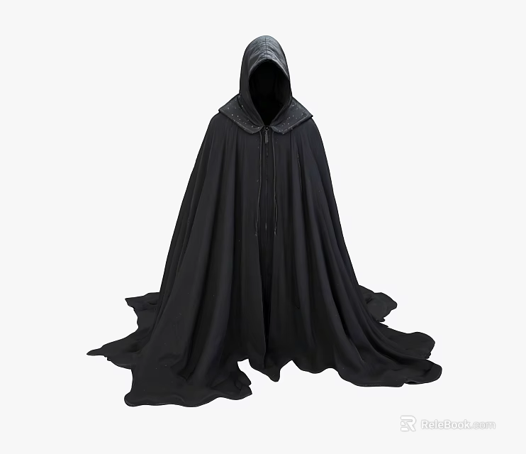 Game Movie Character Wearing Black Hooded Cloak With Flowing Fabric Design 3d model 