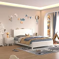 White Children's Bed In Kids Bedroom With Blue Yellow Bedding Wall Decor Stars Moon Elephant