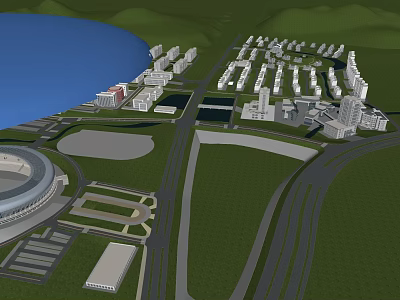 Detailed Urban Planning 3D Model with Lake Roads Buildings and Stadium Layout 3d model