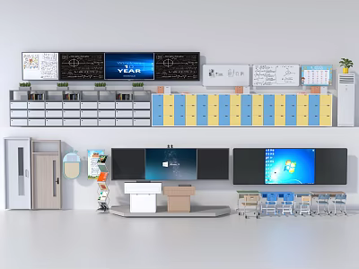 Modern School Classroom With Electronic Screens Lockers Desks And Teaching Equipment 3d model