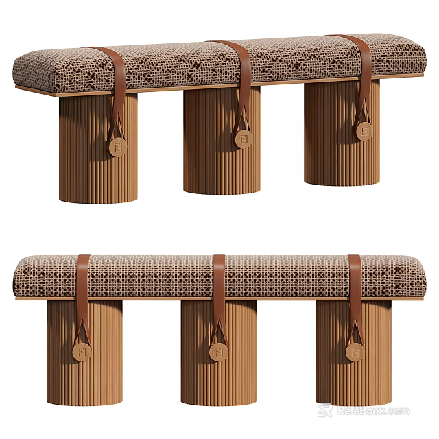 Brown Upholstered Bench With Cylindrical Ribbed Legs And Leather Straps 3d model 