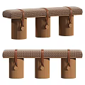 Brown Upholstered Bench With Cylindrical Ribbed Legs And Leather Straps