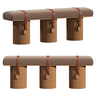 Brown Upholstered Bench With Cylindrical Ribbed Legs And Leather Straps 3d model