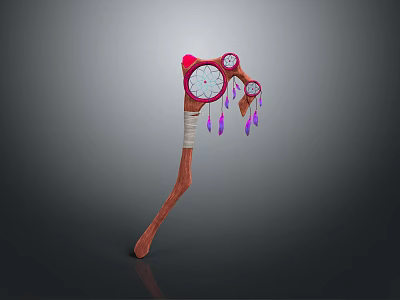 Unique Decorative Axe Weapon With Wooden Handle Clocks And Purple Feathers 3d model