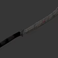Patterned Blade Knife With Dark Handle And Bloodstains On Red Background