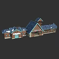 Traditional Wooden House With Blue Sloped Roof Connected Sections Porch And Tower Design