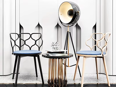 Modern Leisure Chairs With Intricate Back Design Golden Leg Table Floor Lamp And White Wall 3d model