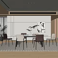 Modern Restaurant Interior With Dining Table Chairs Large Windows And Abstract Art