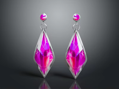Pink Gemstone Earrings with Diamond Shape Silver Frame and Sparkling Design 3d model