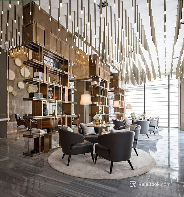 Elegant Modern Leisure Area With Comfortable Armchairs Coffee Tables Bookshelves And Decorative Lights 3d model 