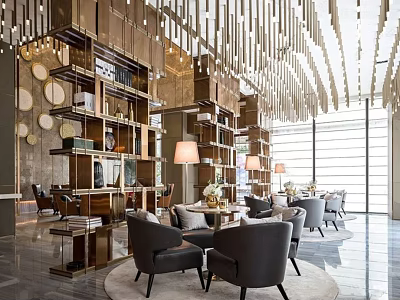Elegant Modern Leisure Area With Comfortable Armchairs Coffee Tables Bookshelves And Decorative Lights 3d model