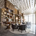 Elegant Modern Leisure Area With Comfortable Armchairs Coffee Tables Bookshelves And Decorative Lights