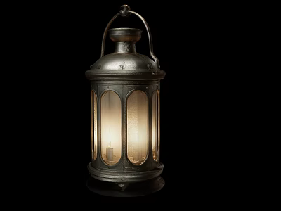Vintage Metal Lantern Chandelier With Glass Panels And Illuminated Warm Light 3d model