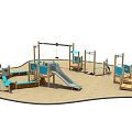 Outdoor Playground Equipment With Wooden Slides Swings Blue Climbing Frames And Sand Ground