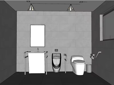 Public Restroom Interior Design With Gray Tile Walls Mirror Sink And Toilet 3d model