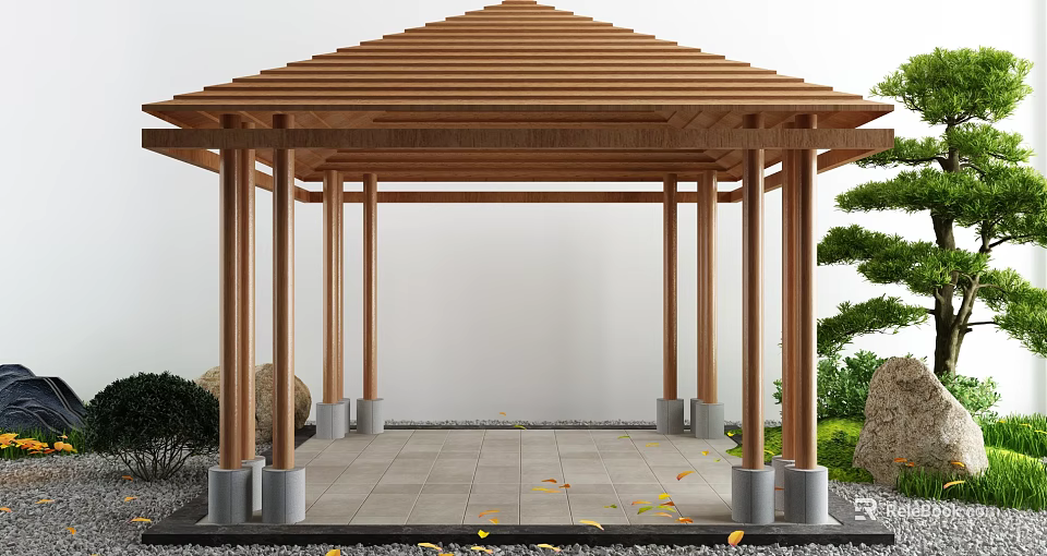 Traditional Wooden Pavilion With Sloped Roof Columns Stone Tiles Ground And Green Plants 3d model 