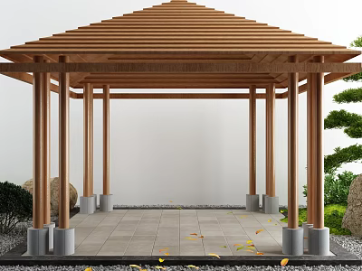 Traditional Wooden Pavilion With Sloped Roof Columns Stone Tiles Ground And Green Plants 3d model