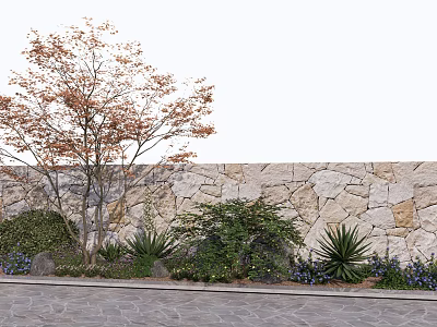 Garden Scene With Tree Orange Leaves Green Shrubs Agave And Purple Flowers By Stone Wall 3d model
