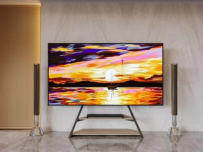 TV on Modern Stand Showing Sunset Landscape with Floor Speakers and Marble Wall 3d model