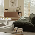 Modern Living Room Interior With Black Sofa Wooden Chairs Marble Coffee Table And Large Potted Plant