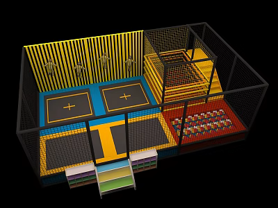 Indoor Trampoline Park Sports Equipment With Yellow Blue Trampolines Enclosed Fence Ball Pit And Steps 3d model