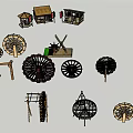 Various Traditional Garden Ornaments Including Water Wheels Windmills And Wooden Pavilions