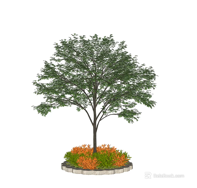 Decorative Tree Pit With Green Tree And Orange Plants In Garden 3d model 