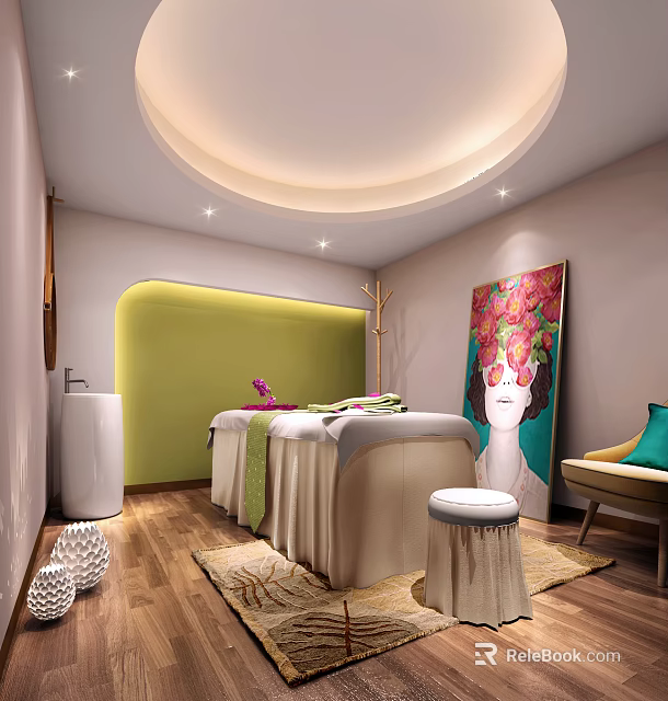 Elegant Beauty Salon Interior With Massage Bed Green Accent Wall White Washbasin And Decorative Art 3d model 