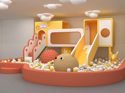 Colorful Kids Playroom Interior With Ball Pit Slide And Cartoon Shaped Toys 3d model