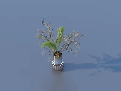 Silver Striped Vase With Green And White Plants On Light Blue Background 3d model