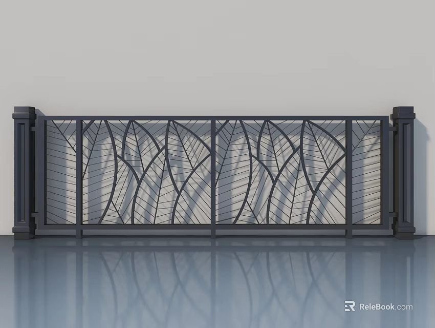 Modern Swing Door With Leaf Shaped Iron Patterns And Glass Panels 3d model