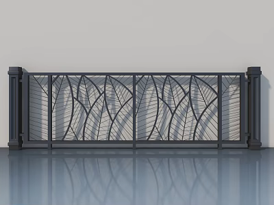 Modern Swing Door With Leaf Shaped Iron Patterns And Glass Panels 3d model