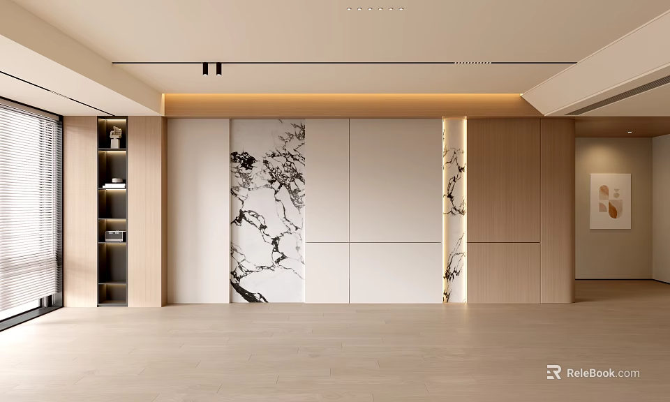 Modern Living Room Interior With Marble Pattern Wall And Wooden Built in Cabinets 3d model 