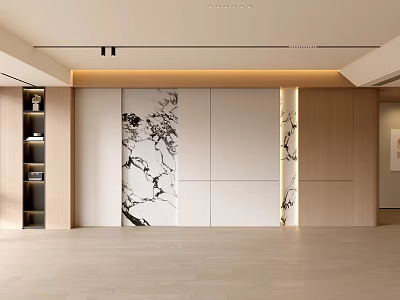 Modern Living Room Interior With Marble Pattern Wall And Wooden Built in Cabinets 3d model
