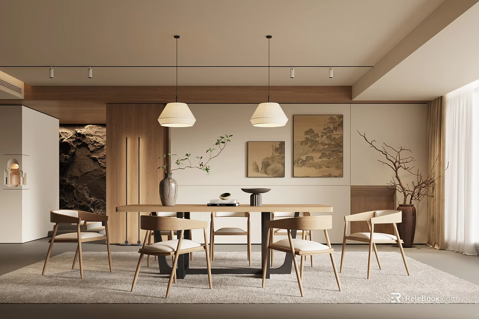 Modern Restaurant Interior Design With Wooden Dining Table Hanging Pendant Lights And Decorative Paintings 3d model 