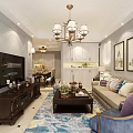 Modern Dining Living Room Interior With Blue Sofa Throw Pillows Bookshelves And TV