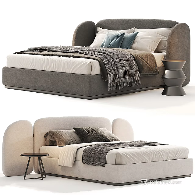 Modern Double Bed With Curved Upholstered Headboard Soft Pillows Knit Blanket And Side Table 3d model 