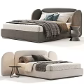 Modern Double Bed With Curved Upholstered Headboard Soft Pillows Knit Blanket And Side Table