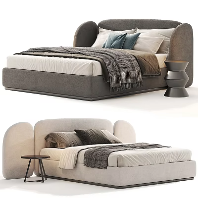 Modern Double Bed With Curved Upholstered Headboard Soft Pillows Knit Blanket And Side Table 3d model
