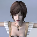 Game Movie Character With Short Brown Hair White Frilled Beige Overalls And Black Pendant Necklace