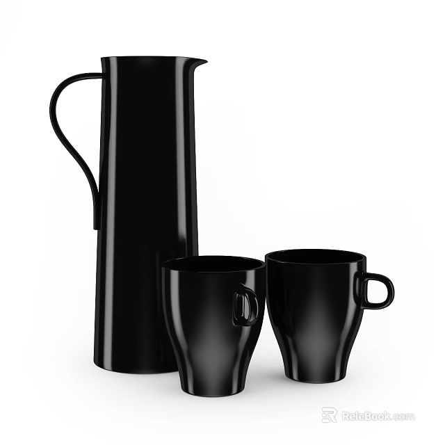Sleek Black Dinnerware Set Including Pitcher And Two Mugs For Modern Kitchen 3d model 