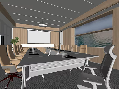 Modern Conference Room Interior With Long Table Beige Chairs And Projection Screen 3d model