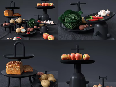 Fresh Apples On Black Display Stands With Vegetables And Bread In Background 3d model