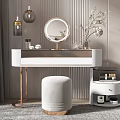 Modern Elegant Dressing Table Interior With Round Mirror Open Drawer Cosmetics Flower Vase And Stool