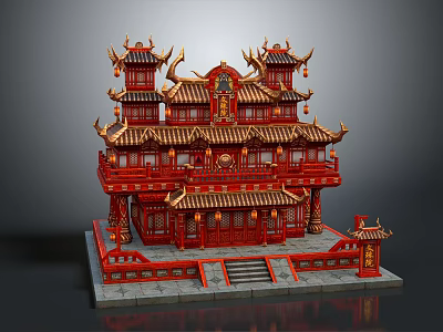 Cartoon Chinese Red Palace With Multi Story Pavilion Golden Decorations Curved Eaves And Hanging Lanterns 3d model